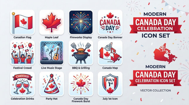 Modern canada day celebration icon set with maple leaf fireworks and festive elements