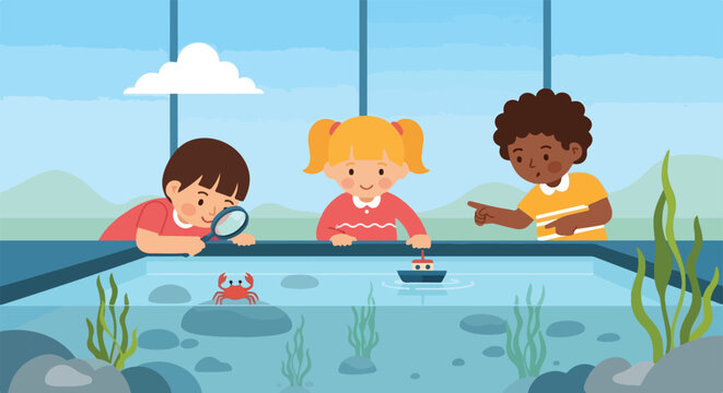 Three curious children are exploring marine life and objects in a shallow water tank at an educational center or museum aquarium.