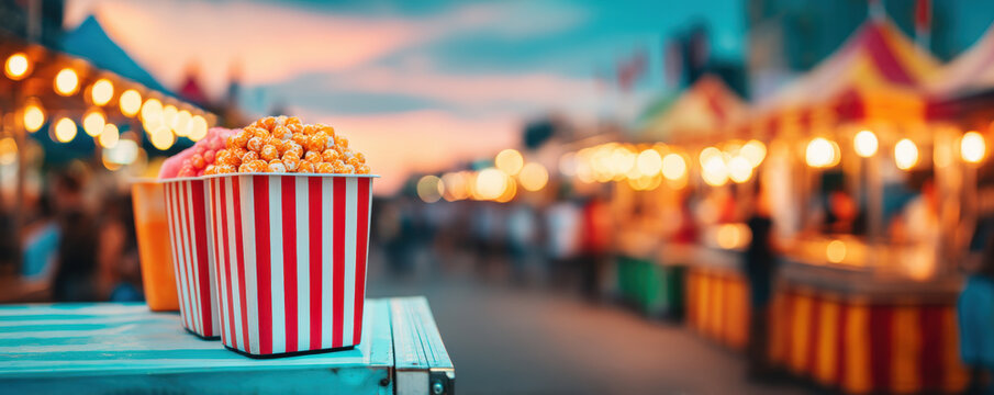 Popcorn striped container carnival festival street night bokeh fair food concession stand with 4th july celebration mood evening festival street
