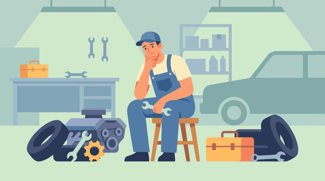 Mechanic sits on stool in garage with tools and car parts scattered around him.