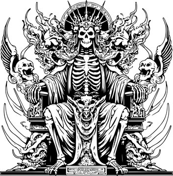 Gothic Sovereign Portrait A Highly Detailed Grim Reaper Seated on an Ornate Gothic Throne with a Sharp Scythe and Skeletal Accents