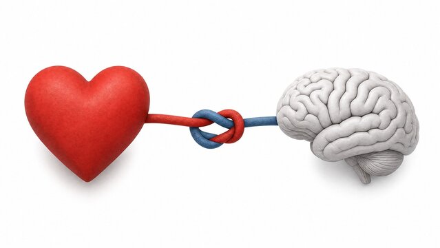 psychology. Minimalist illustration of a heart and brain connected by a symbolic knot, representing unity. wellbeing guides, coaching materials, designed for coaching and self-improvement content.