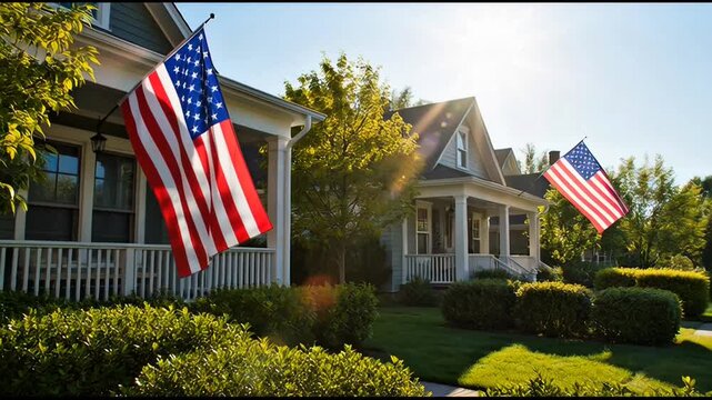 American Flags Proudly Displayed on Houses in a Sunny Suburban Neighborhood