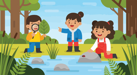 Three curious kids explore nature by a stream, using a magnifying glass to examine a leaf and observing a ladybug resting on a nearby rock. © Hulu