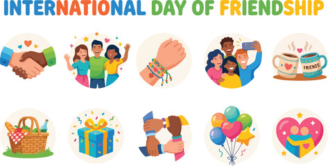 Obraz premium Set of vector icons celebrating International Day of Friendship with diverse people and symbols of connection