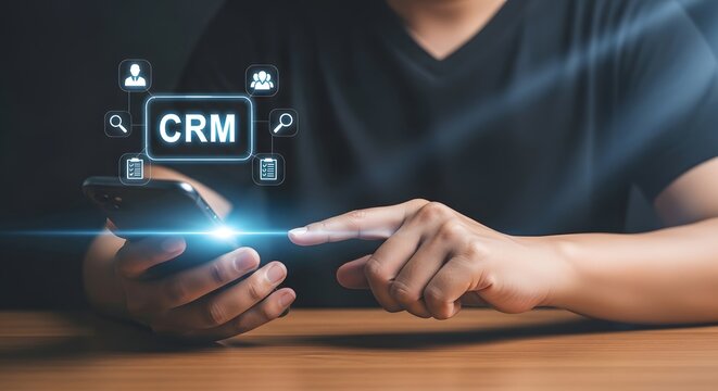 Crm software concept person interacting with digital customer relationship management interface