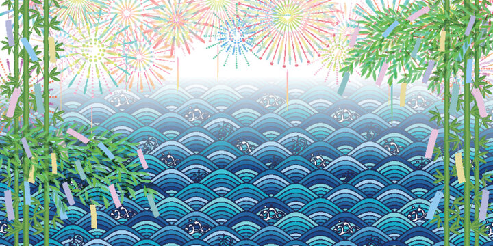 Stunning Japanese Summer Festival Background with Bamboo Waves and Fireworks