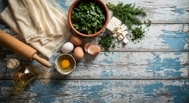 Cinematic overhead view of Spanakopita ingredients on blue Cycladic wood, bottom right copy space