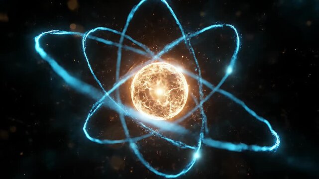 Glowing atom model with blue electron orbits and a fiery nucleus on dark backgrounds