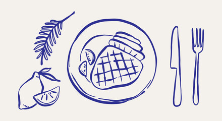 Steak on the dinner table, rosemary, lemon, and cutlery. in Doodle sketch ink style. © Proongnee