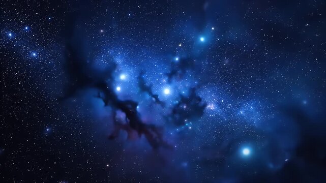 Deep space nebula with bright stars and dark cosmic dust clouds in a blue galaxy map