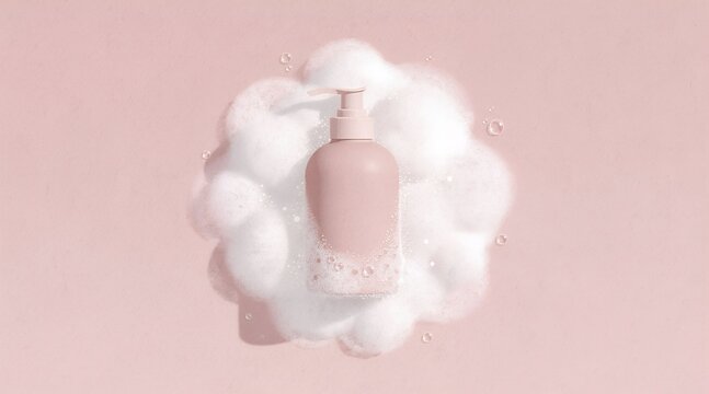 Minimal Pink Pump Bottle Surrounded by White Foam on Pastel Background