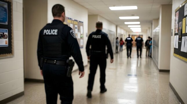 Police Officers Patrolling School Hallway Security, Education Facility, Indoor Corridor Viewpoint, Safety Concept