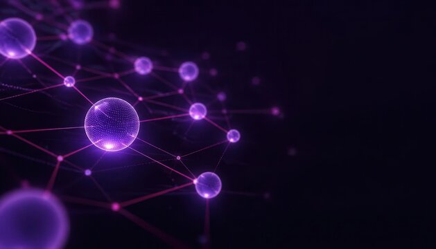 Abstract cluster of glowing purple spheres connected by thin red lines on a dark background symbolizing a molecular structure or network abstract tech abstract science background graphic abstract