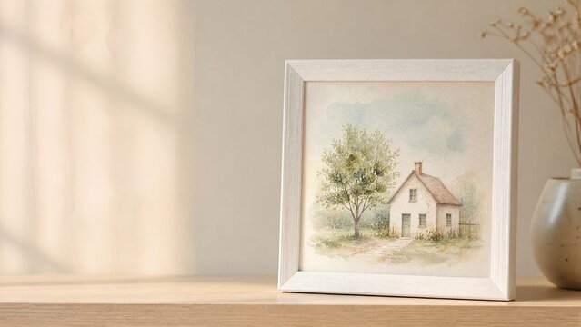 shelf. White wooden picture frame with house and tree watercolor on minimalist shelf. real-estate listings, architecture portfolios, designed for real-estate listing and luxury residence showcases.
