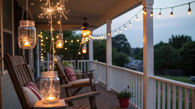Porch sparkler mason jar string light rocking chair 4th july celebration cozy porch with sparkler mason jar warm string light glowing dusk