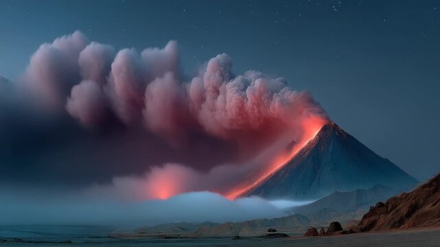 A volcano erupts, glowing with red lava and smoke, under a starry sky. Mountains and fog are present