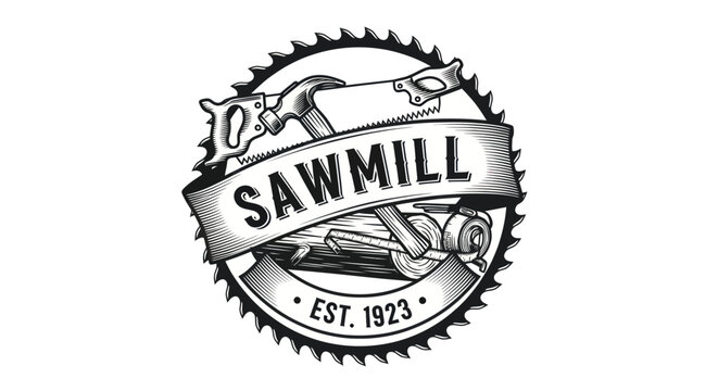 Sawmill Logo with Vintage Tools and Wood Logs, Established 1923