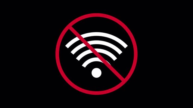 No Wi-Fi Signal Animation with Red Forbidden Circle Symbol over Wireless Icon on Black Background 4k video animation seamless loop