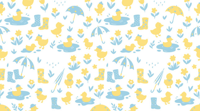 Cute Flat Spring Rain Seamless Pattern with Yellow Rubber Ducks, Umbrellas, and Rain Boots for Kids Background