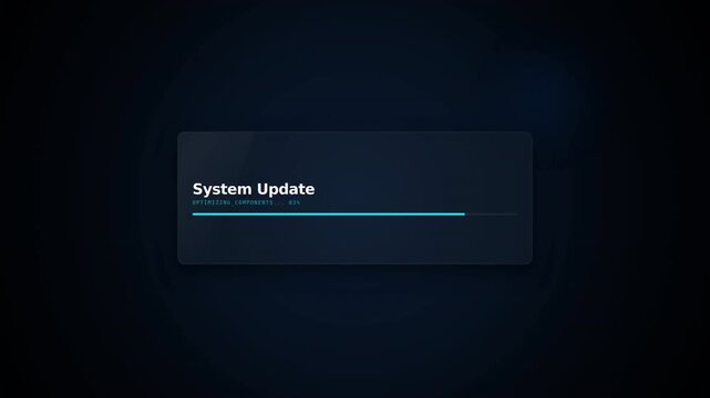 A dark screen shows a centered system update notification with a blue progress bar, indicating ongoing software installation or update