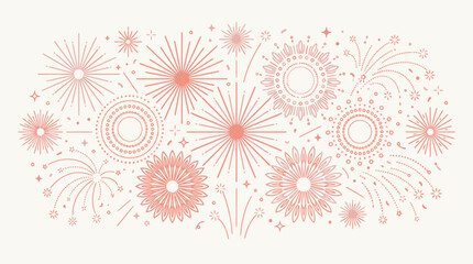 Fototapeta premium Coral Pink Fireworks Celebration Background Pattern with Festive Starbursts and Delicate Sparkles for Romantic or Event Design