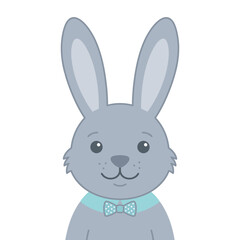 Obraz premium Cute gray rabbit character portrait wearing a mint green bowtie, soft illustrative style for children's stationary and kid-friendly brands