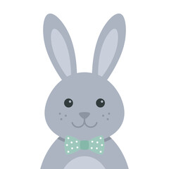 Obraz premium Portrait of a cute gray rabbit with a green polka dot bowtie, friendly character illustration for baby shower and nursery decor