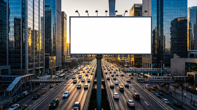 blank billboard mockup on urban freeway with city skyline