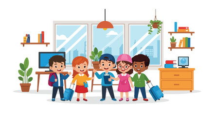 A group of five diverse children stands together in a bright room with luggage, ready for a fun journey or a new school adventure. © Hulu