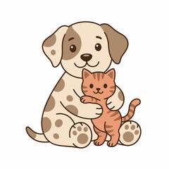 Fototapeta premium Sweet Cartoon Illustration of a Spotted Dog Sitting and Giving a Big Hug to an Orange Kitten