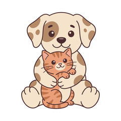 Fototapeta premium Cute Vector Character Design of a Spotted Dog Sitting and Hugging an Orange Tabby Kitten