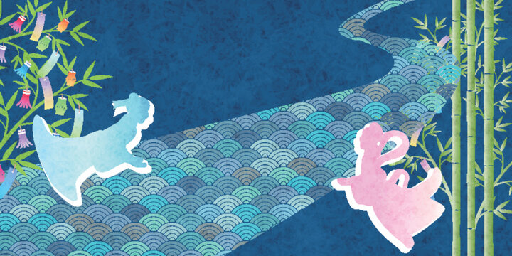 Traditional Japanese Tanabata Festival Illustration with Milky Way