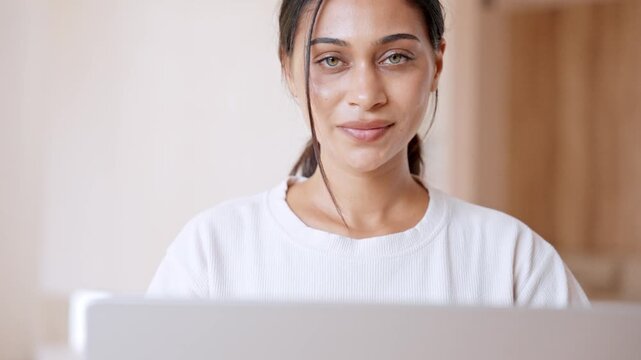 Detailed Shot Of Concentrated Eyes Of Young Lady Looking At Screen. Serious Mixed Race Girl Reading News Or Studying At The Table. Cinematic 4K Slow Motion Footage Of Human Expressions And Work 4k