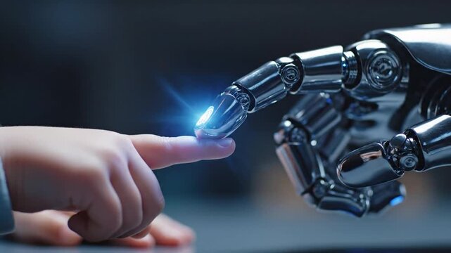 Human child and robotic hand touching fingers in studio