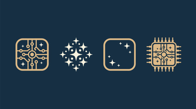 Elegant Gold Graphic Set Featuring Digital Processor and Sparkle Elements for Tech Startup Identity