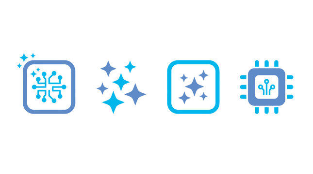 Clean Blue and White Flat Icons of Electronic Chips and Sparkles Representing Tech Software and Digital Innovation