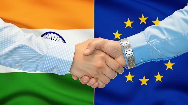 Two businessmen shaking hands on flags of India and European Union in a symbolic Video Animation of international partnership and cooperation