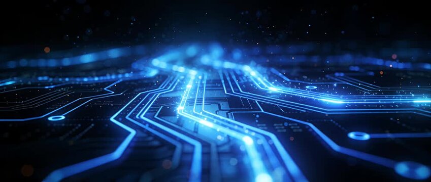 Futuristic circuit board glowing blue line digital path neon technology cyber network data flow abstract light particle conveying innovation energy flow modern connection magnific tech pattern smooth
