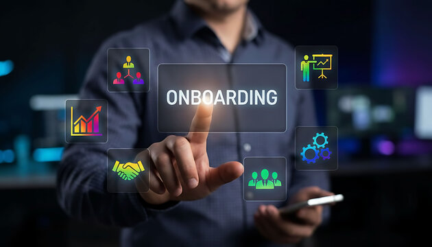 Businessman Pressing Virtual Onboarding Screen with Colorful HR and Business Icons