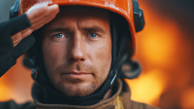 Firefighter helmet portrait salute emergency courage 4th july tribute with closeup face against firelight background showing bravery and service