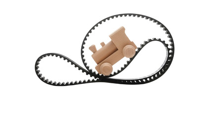 Isolated Wooden Toy Train Engine with Black Rubber Drive Belt © muhammad