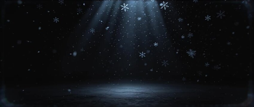 Snowflake winter dark background spotlight night black studio falling cold scene tranquil atmosphere seasonal holiday snowfall background cold dark studio scene floor light beam night mystery