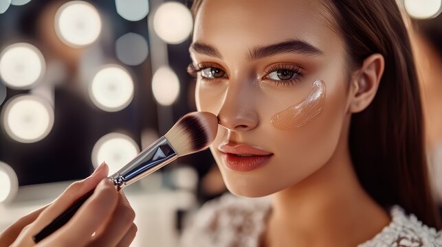 Woman applying face makeup.