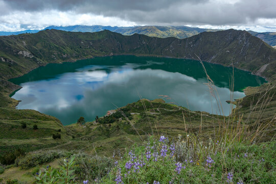 Zumbahua, Ecuador - April 22, 2026: Quilotoa Lagoon inside the crater of the Quilotoa Volcano in Zumbahua, Ecuador.