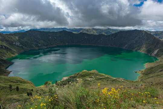 Zumbahua, Ecuador - April 22, 2026: Quilotoa Lagoon inside the crater of the Quilotoa Volcano in Zumbahua, Ecuador.