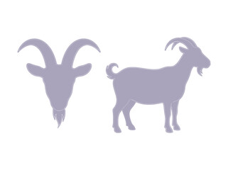 Obraz premium Simple Flat Vector Icon Set of a Goat Head and Full Body Silhouette in Soft Purple for Graphic Design