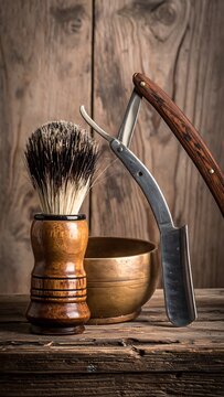 Vintage shaving kit on wooden table.