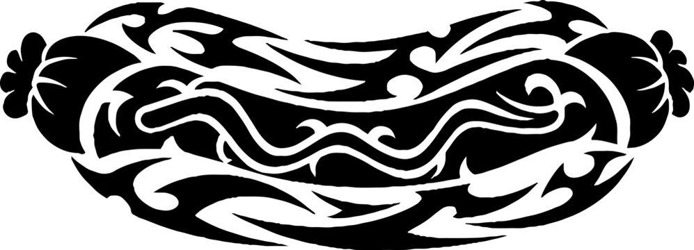 Stylized hot dog silhouette with tribal decorative patterns