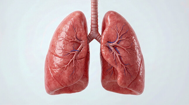 Detailed anatomical illustration of healthy human lungs with trachea and bronchi on a white background.